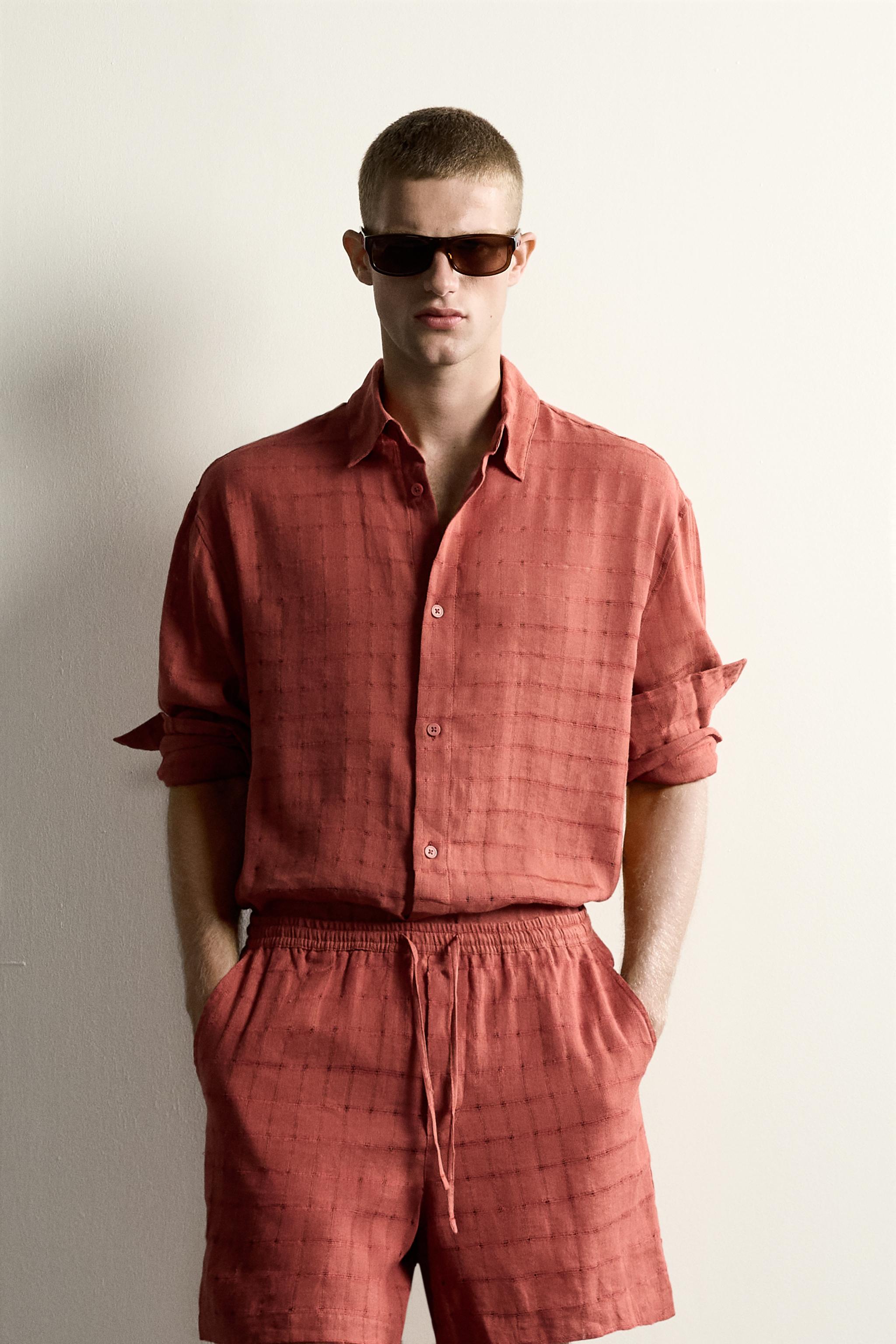RELAXED FIT CHECKERED LINEN-COTTON JACQUARD SHIRT